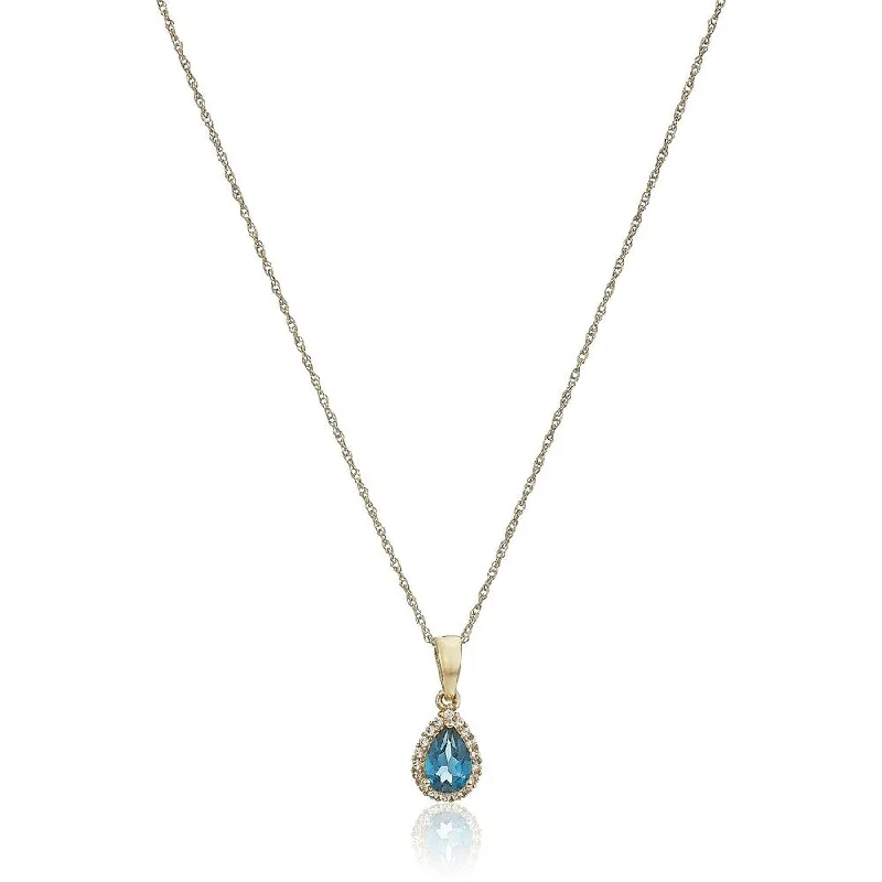 geometric pendant necklace gold -10k Yellow Gold London Blue Topaz and Created White Sapphire Pear Halo Pendant Necklace, 18"