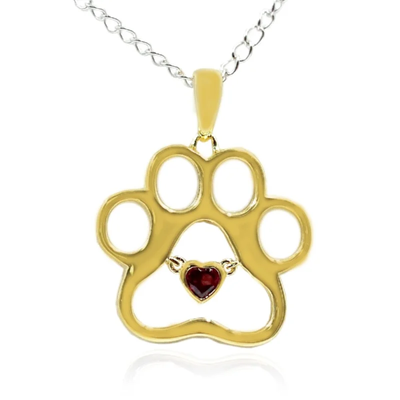 silver necklace with heart pendant -14K Gold & Sterling Silver with Rhodolite Paw Pendant