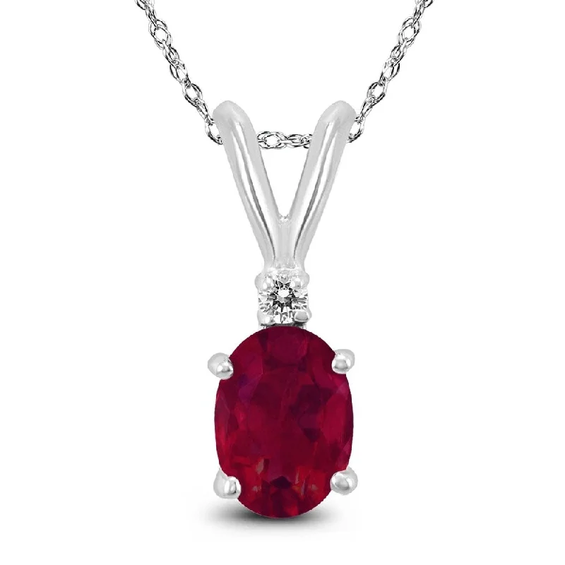 personalized family pendant necklace -14K White Gold 5x3MM Oval Ruby and Diamond Pendant