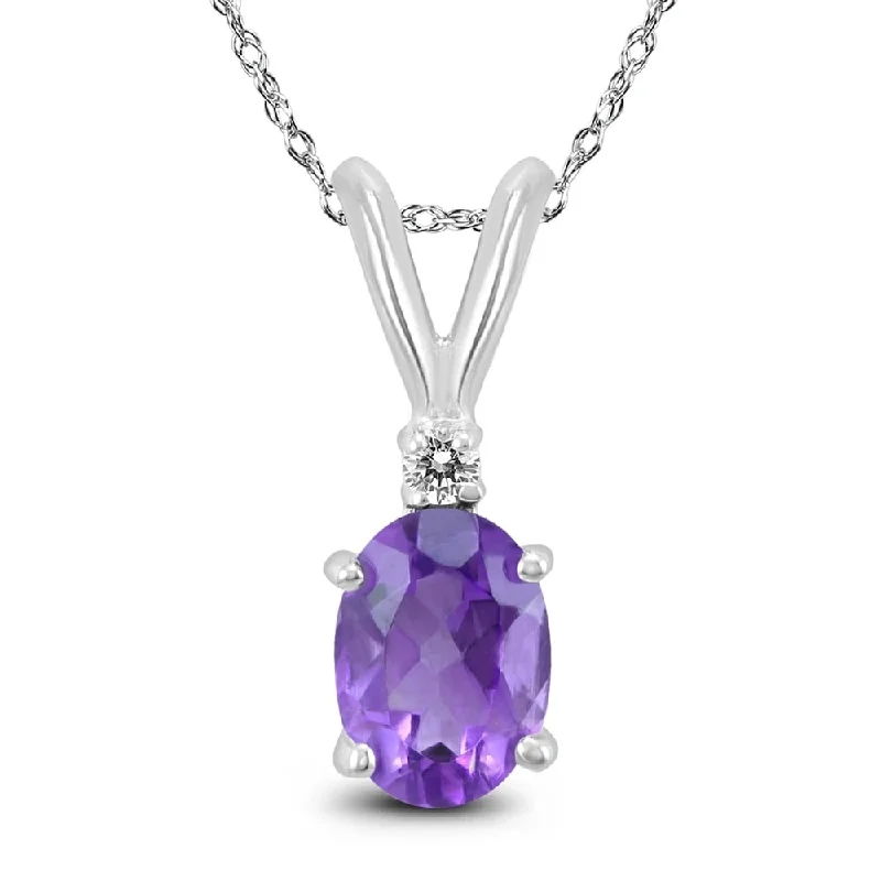 large pendant necklace silver -14K White Gold 6x4MM Oval Amethyst and Diamond Pendant