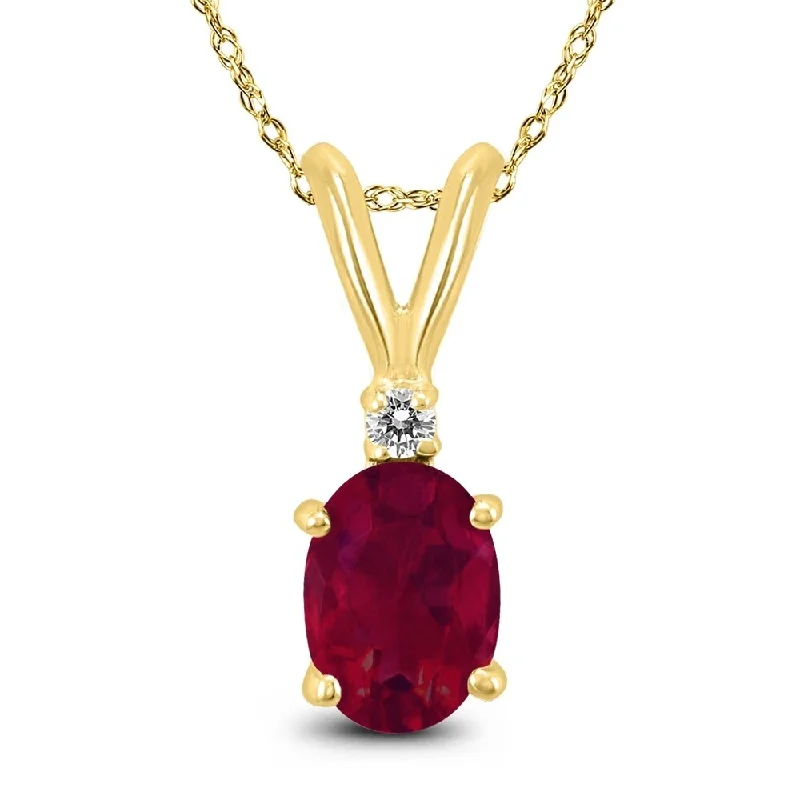 birthstone bar necklace -14K Yellow Gold 5x3MM Oval Ruby and Diamond Pendant