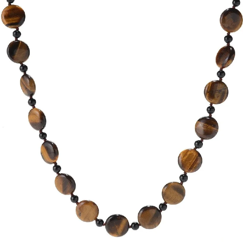 boho gold pendant necklace -28" 18mm Coin Shaped Tiger Eye & Onyx Beaded Endless Necklace