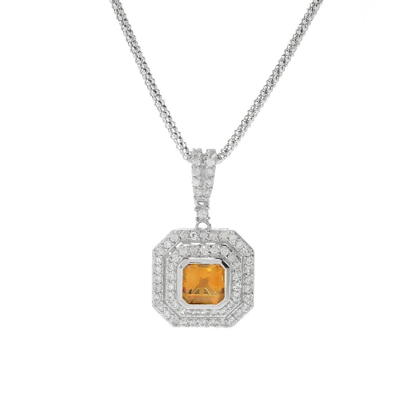 women’s crystal bar necklace -925 Sterling Silver Honey Citrine and White Natural Zircon Pendant