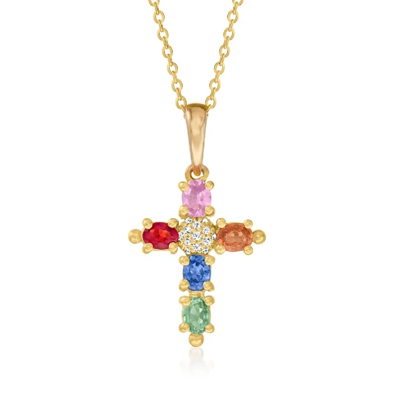 birthstone bar necklace -925 Sterling Silver Multi Sapphire and White Zircon Cross Pendant