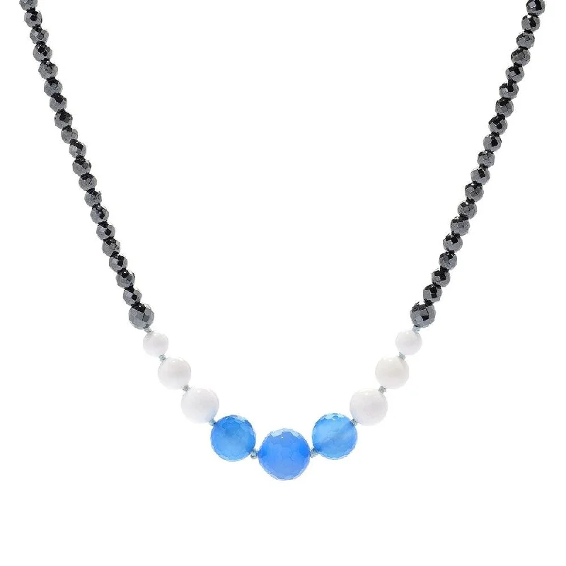 personalized gemstone pendant -Aqua Chalcedony Hematite, White Agate & Gemstone Bead Necklace 42"