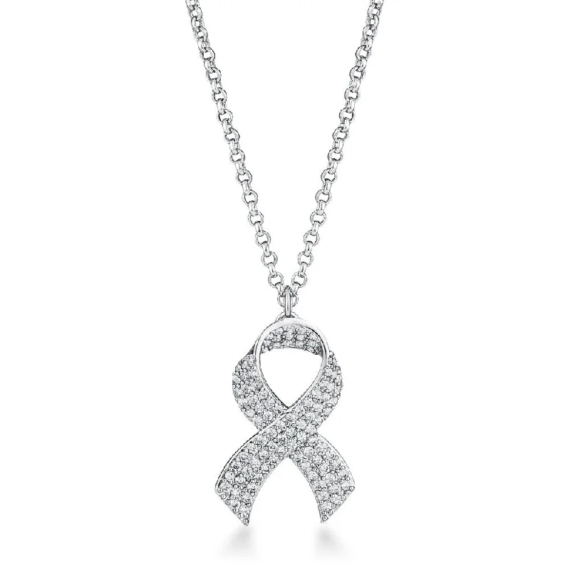 crystal pendant necklace for brides -Cubic Zirconia Pave Ribbon Necklace For Women - 18 inch