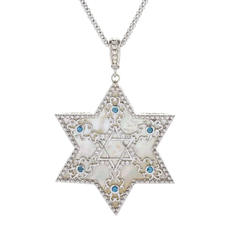 luxury diamond pendant necklace silver -Dallas Prince Sterling Silver Mother-of-Pearl & Gem Star of David Pendant w/Chain.