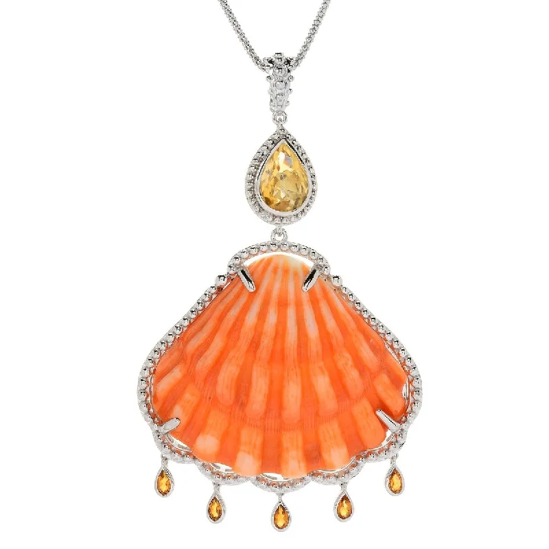 elegant pendant necklace for weddings -Dallas Prince Sterling Silver Spiny Oyster & Citrine Seashell Enhancer w/ 18" Chain & 3" Extender