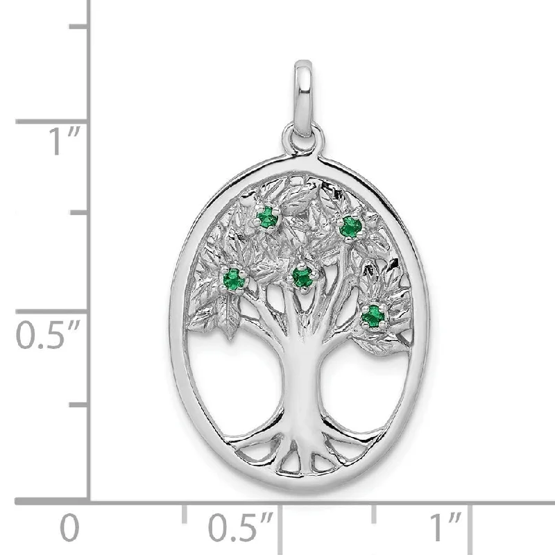 boho chic gemstone pendant -Diamond2Deal 925 Sterling Silver Rhodium Plated Green Glass Buds Oval Tree Pendant (L- 31.8 mm, W- 19.2 mm)