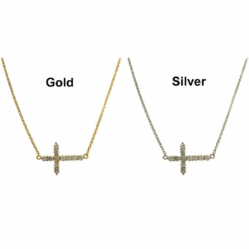 dainty pendant necklace gold -Dolce Giavonna 14k Gold Overlay/ Silver Cubic Zirconia Sideways Cross Necklace