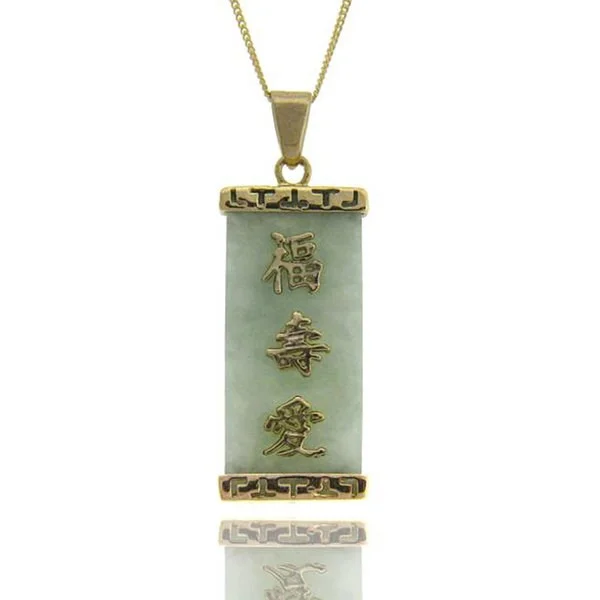 boho chic gemstone pendant -Dolce Giavonna 18k Yellow Gold over Sterling Silver Jade Chinese Character Necklace