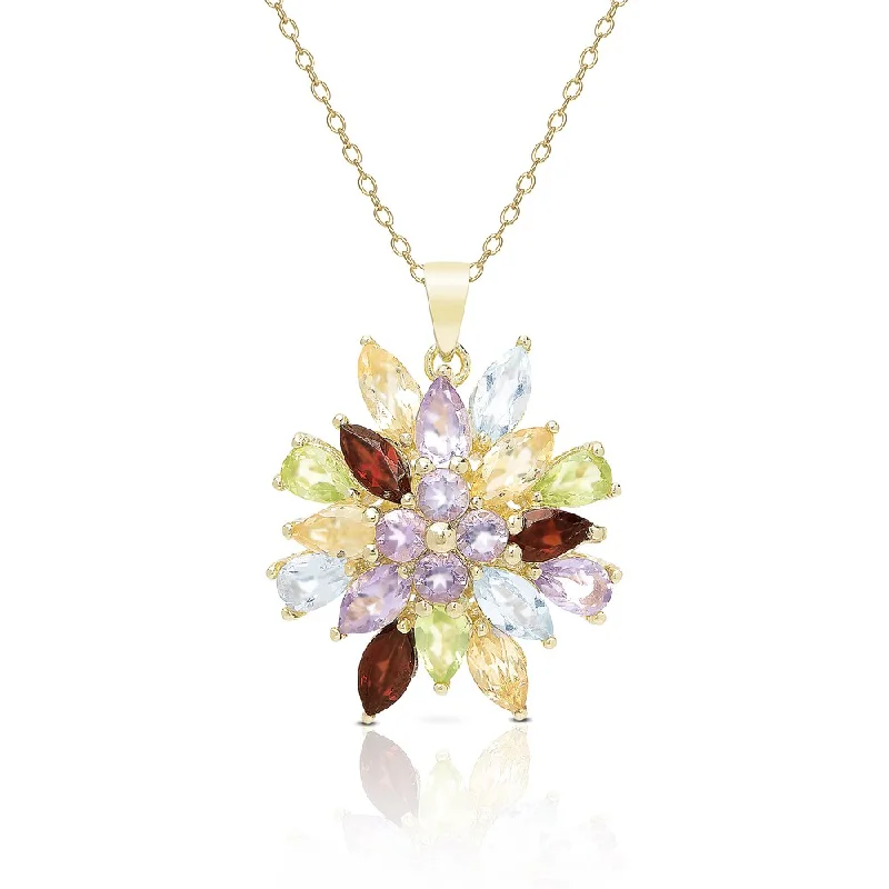 silver circle pendant necklace -Dolce Giavonna Gold Over Sterling Silver Multi Gemstone Flower Necklace