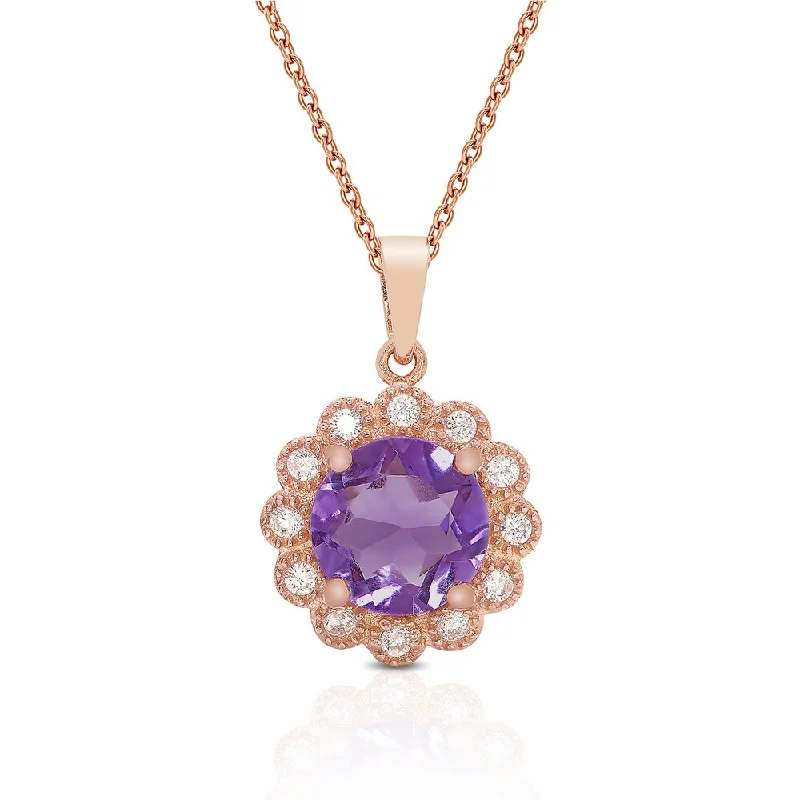 moonstone pendant necklace silver -Dolce Giavonna Rose Gold Overlay Amethyst Cubic Zirconia Flower Necklace