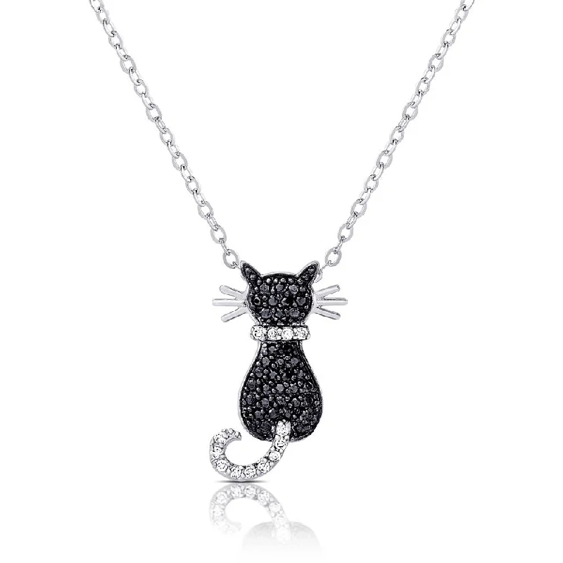 diamond pendant necklace for women -Dolce Giavonna Silver Overlay Black and White Cubic Zirconia Cat Necklace