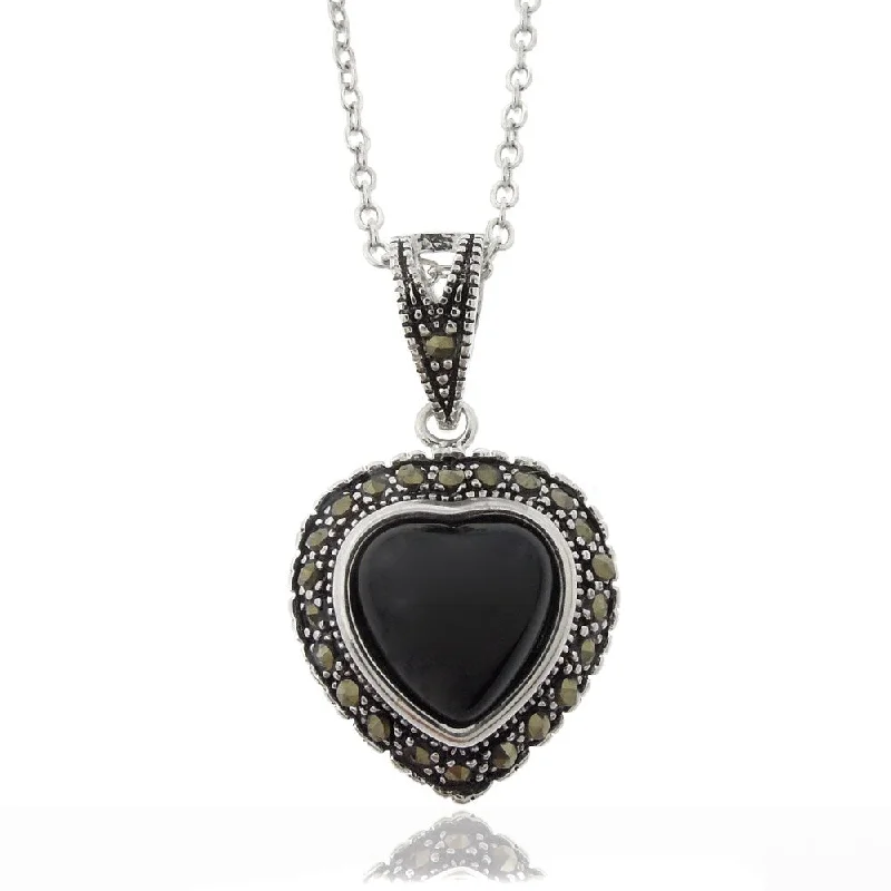 boho pendant necklace for women -Dolce Giavonna Silverplated Black Onyx and Marcasite Heart Necklace