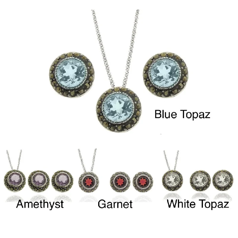 women’s pendant necklace with charm -Dolce Giavonna Silverplated Gemstone and Marcasite Circle Jewelry Set