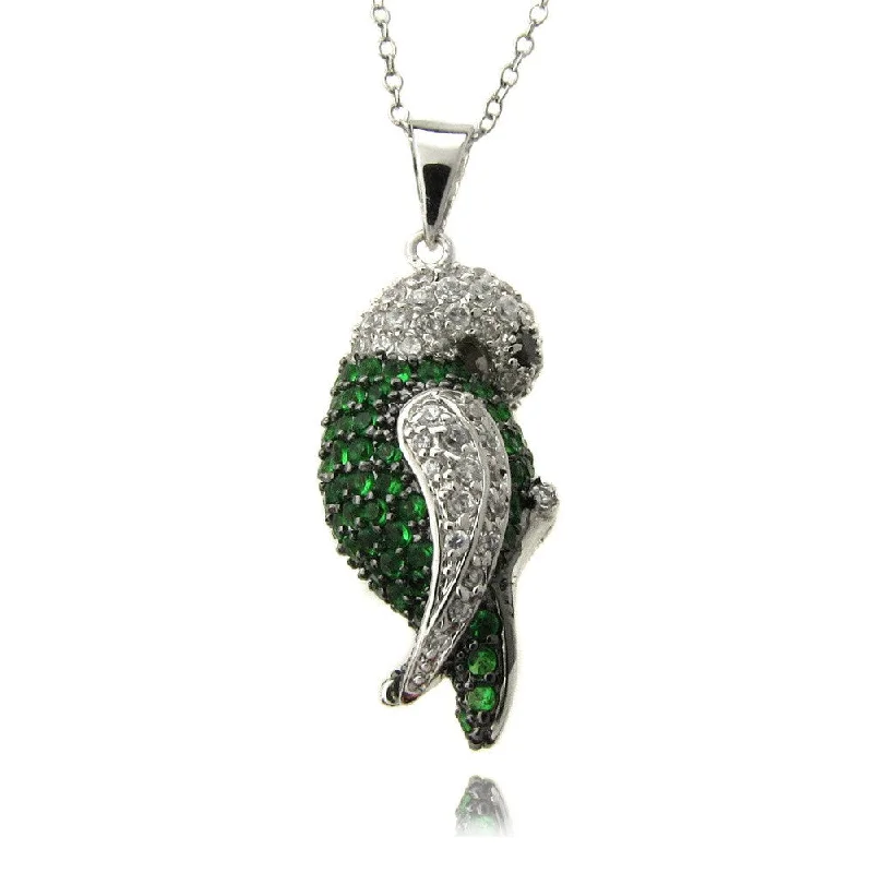 moon and stars pendant necklace -Dolce Giavonna Silvertone Green and Clear Cubic Zirconia Parrot Necklace