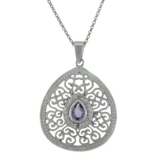 gold crystal pendant necklace -Dolce Giavonna Sterling Silver Amethyst and Diamond Accent Filigree Teardrop Necklace