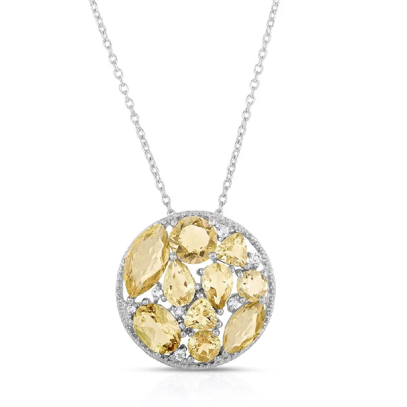 zodiac pendant necklace silver -Dolce Giavonna Sterling Silver Citrine and White Topaz Cluster Necklace