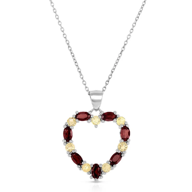 trendy charm pendant necklace -Dolce Giavonna Sterling Silver Garnet and Citrine Heart Necklace