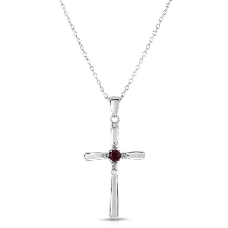 celestial pendant necklace silver -Dolce Giavonna Sterling Silver Garnet and Diamond Accent Cross Necklace (I-J, I2-I3)