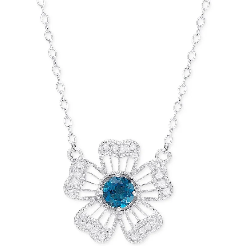 elegant silver pendant necklace -Dolce Giavonna Sterling Silver London Blue Topaz and Diamond Accent Flower Necklace