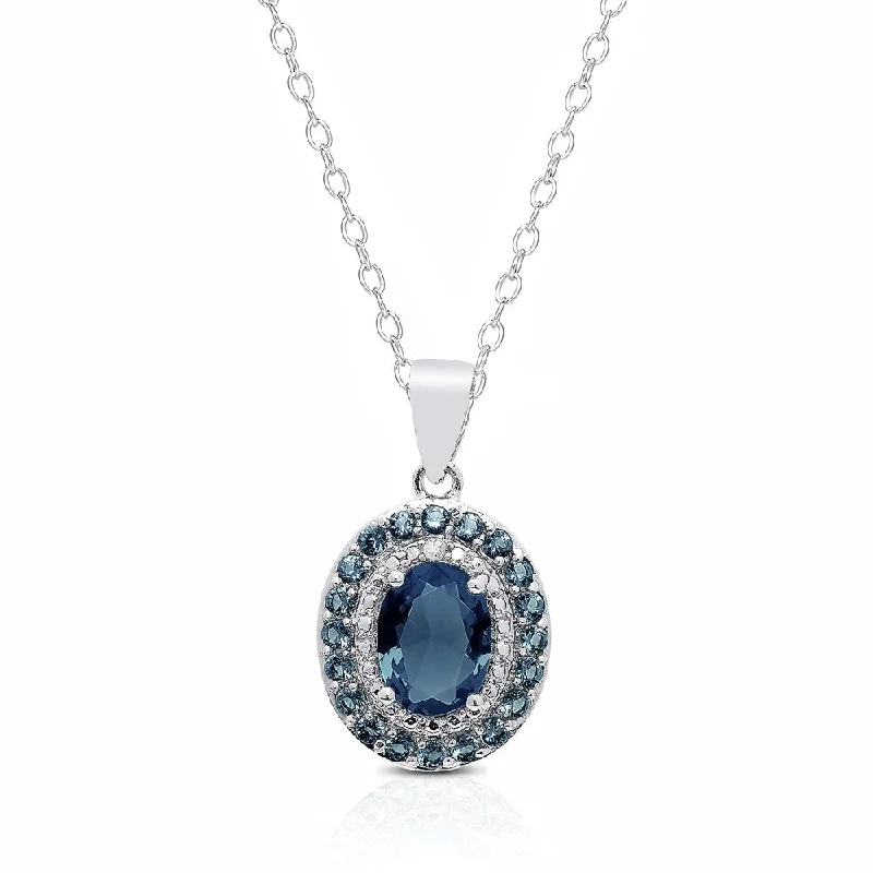 minimalistic silver necklace pendant -Dolce Giavonna Sterling SIlver London Blue Topaz Diamond Accent Oval Necklace