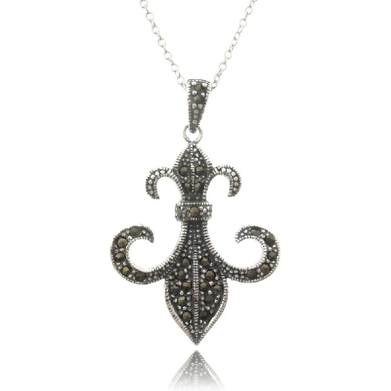 vintage silver pendant for necklace -Dolce Giavonna Sterling Silver Marcasite Fleur De Lis Necklace