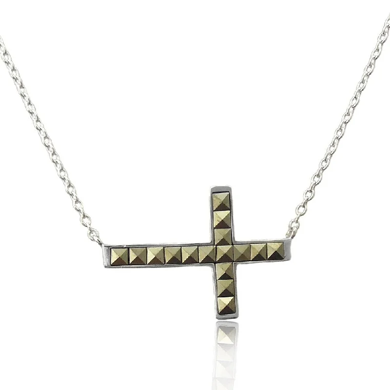 heart-shaped pendant necklace silver -Dolce Giavonna Sterling Silver Square Marcasite Sideways Cross Pendant