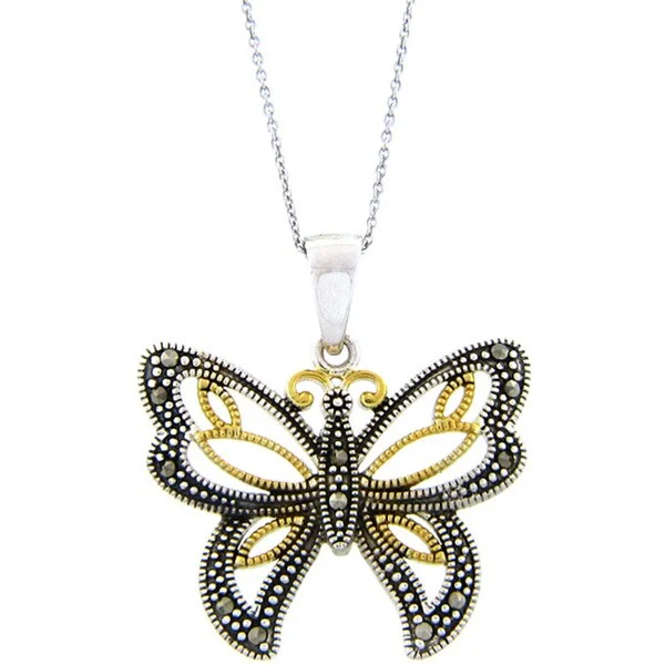 cute pendant necklace silver -Dolce Giavonna Two-tone Goldplated Silver Marcasite Butterfly Necklace