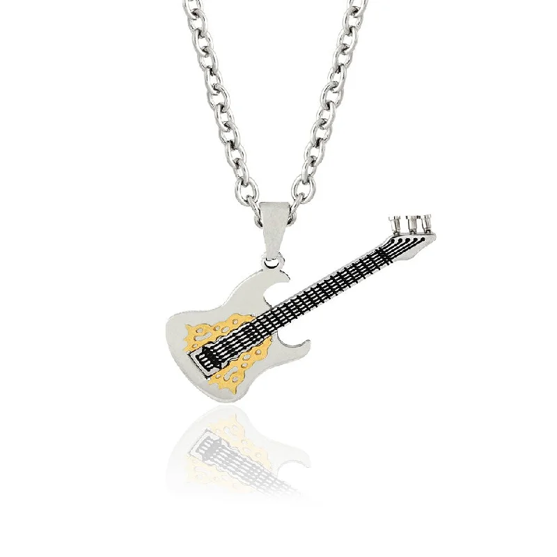 layered gold chain necklace pendant -Gemeni Stainless Steel Two Tone Guitar Pendant Necklace