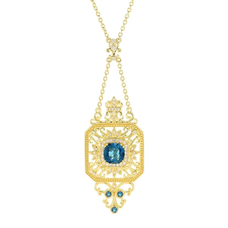 heart pendant necklace silver -London Blue Topaz & White Zircon Filigree Necklace 18" 5.72ctw