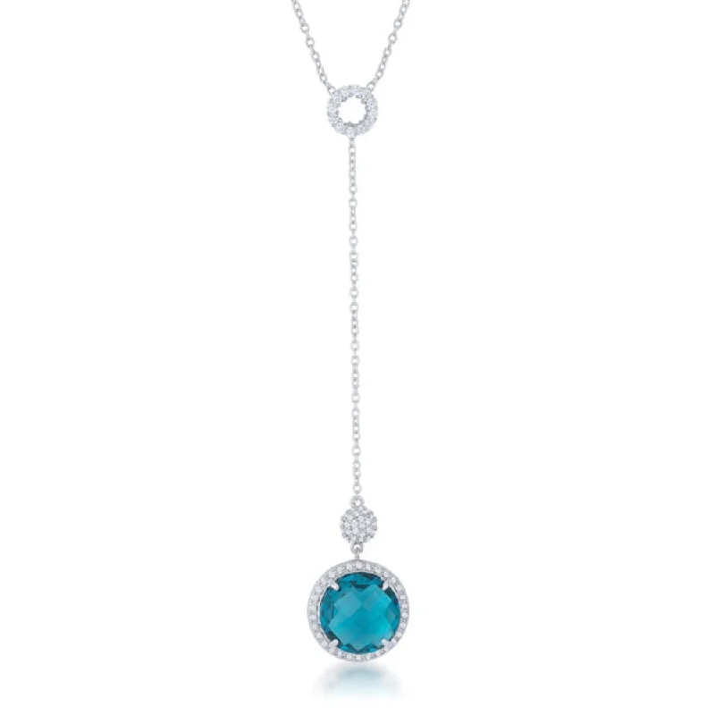 birthstone bar necklace -Lori 10.9Ct Aqua Cz Rhodium Classic Drop Lariat Necklace - 18 Inch