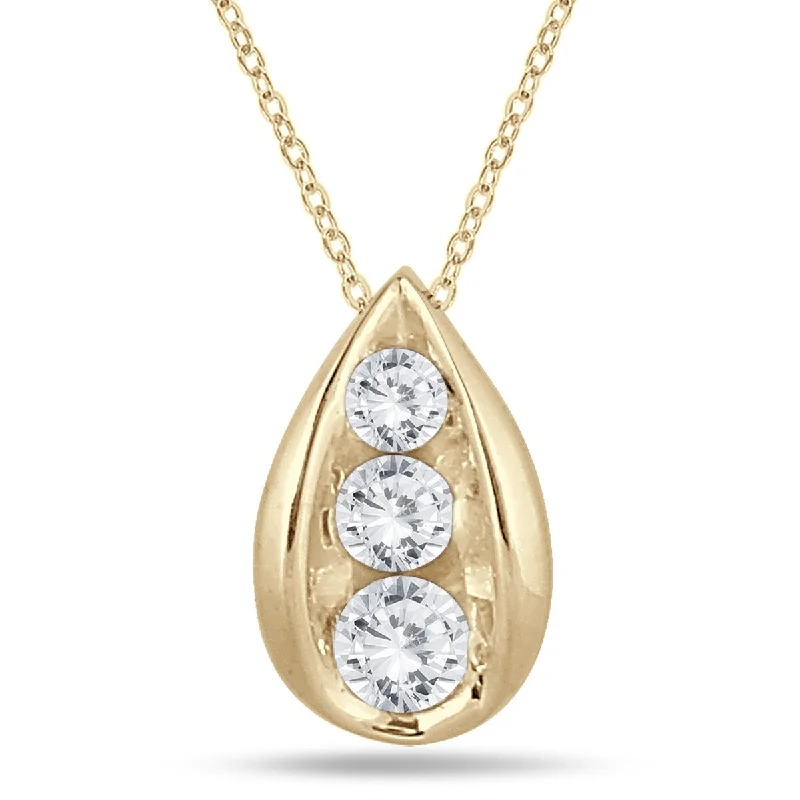 custom circle pendant necklace -Marquee 1/2 Carat TW Three Stone Diamond Tear Drop Pendant in 14K Yellow Gold