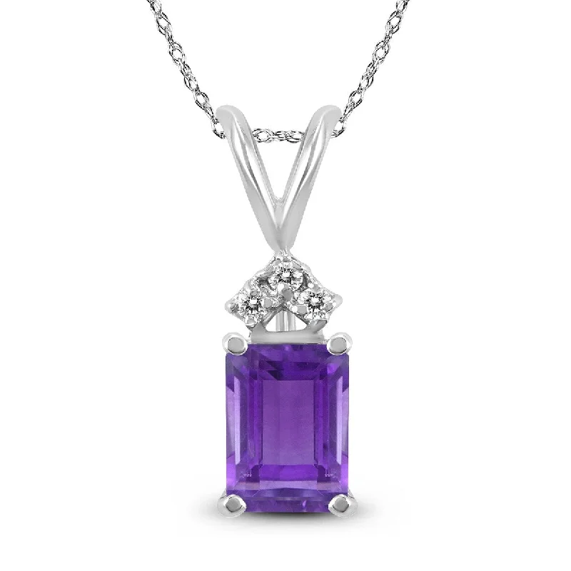 engraved moon pendant necklace -Marquee 14K White Gold 8x6MM Emerald Shaped Amethyst and Diamond Pendant