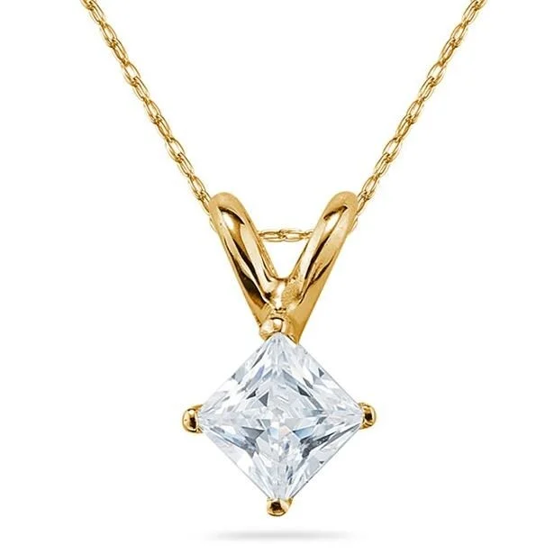 engraved gold pendant necklace -Marquee 3/4 Carat Princess Diamond Solitaire Pendant in 14K Yellow Gold