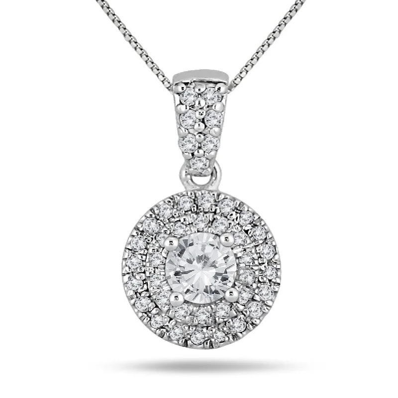 gold and pearl pendant necklace -Marquee 3/4 Carat TW Double Halo Diamond Pendant in 10K White Gold