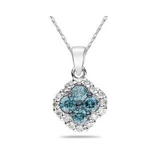 elegant gold heart pendant necklace -Marquee Blue and White Diamond Flower Pendant in 10K White Gold