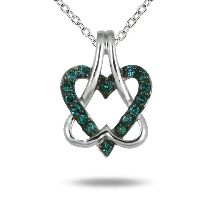 elegant silver pendant necklace -Marquee Blue Diamond Double Heart Pendant in 10K White Gold