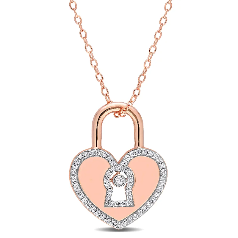 trendy silver necklace pendant -Miadora 1/5ct TDW Diamond Heart Lock Necklace in Rose Plated Sterling Silver