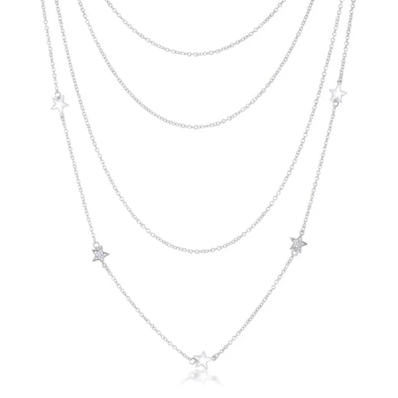 minimalistic pendant necklace silver -Multi-Chain Rhodium Star Necklace With Cubic Zirconia - 18 Inch