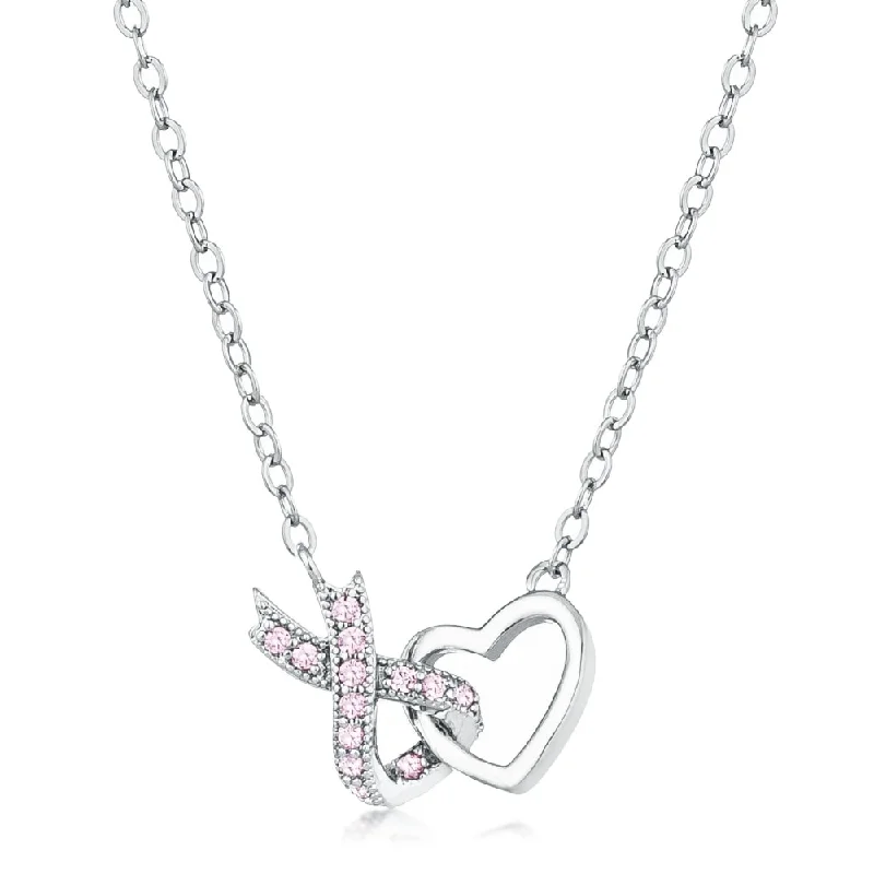 elegant bar necklace pendant -Rhodium Plated Pink Cz Interlocking Heart Ribbon Pendant - 15mm x 15mm x 1.75mm