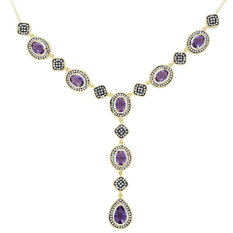 heart pendant necklace silver -Samantha Stone Gold Over Sterling Silver Simulated Amethyst and Cubic Zirconia 'Y' Necklace