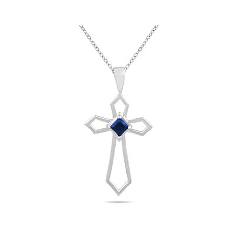 personalized zodiac pendant necklace -Sapphire Cross Pendant 10k White Gold