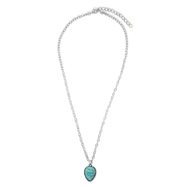 dainty bar pendant necklace silver -Silver Plated Simulated Turquoise Pear Drop Pendant Necklace