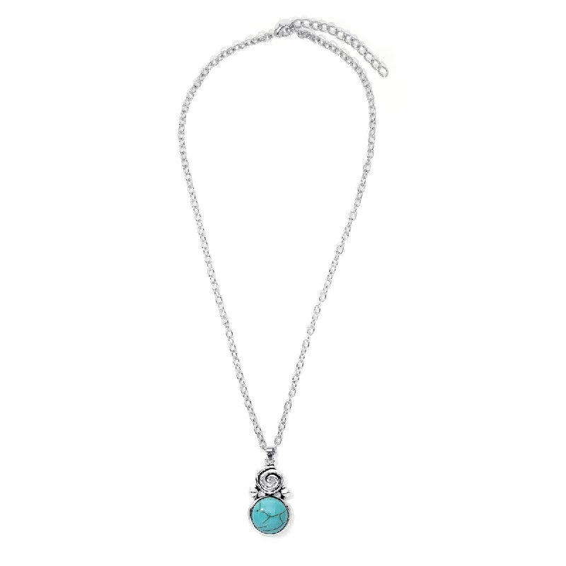 crystal heart necklace pendant -Silver Plated Simulated Turquoise Swirl Round Pendant Necklace