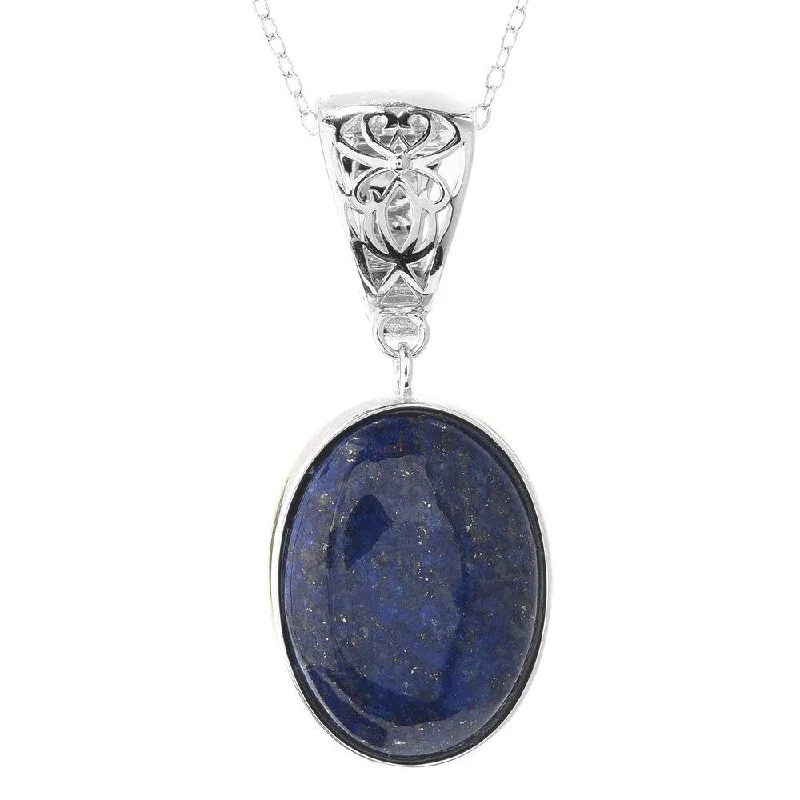 silver bar pendant necklace -Sterling Silver 20 x 15mm Oval Lapis Enhancer Pendant w/ 18" Chain