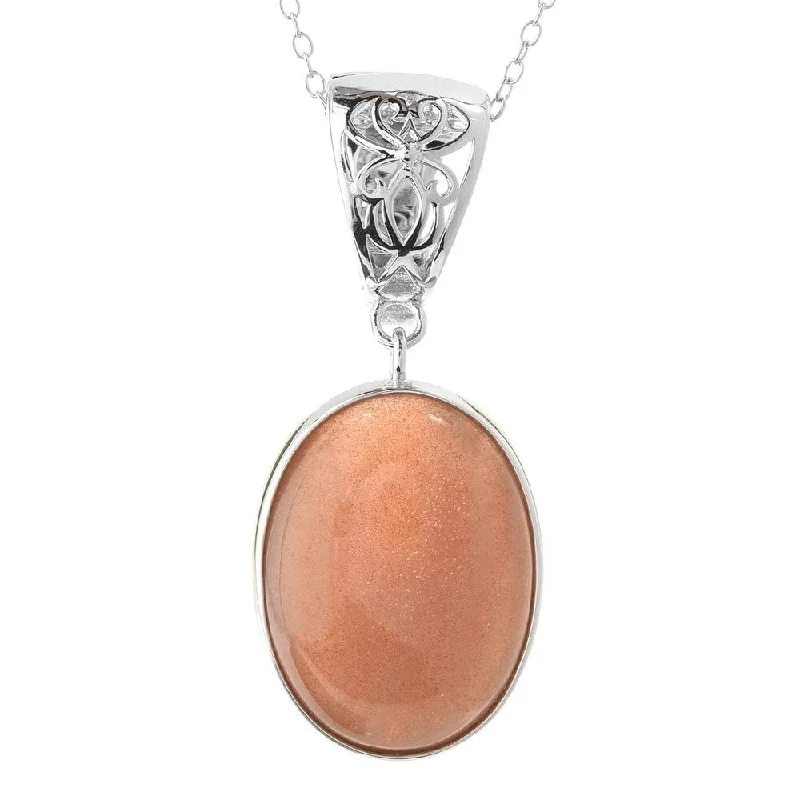 custom circle pendant necklace -Sterling Silver 20 x 15mm Oval Peach Moonstone Enhancer Pendant w/ 18" Chain