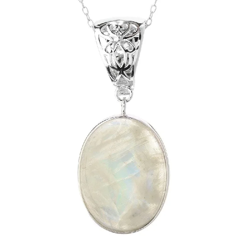 luxury diamond pendant necklace -Sterling Silver 20 x 15mm Oval Rainbow Moonstone Enhancer Pendant w/ 18" Chain