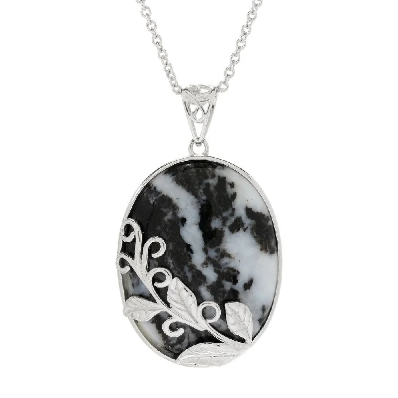 silver necklace with photo pendant -Sterling Silver 29 x 22mm Oval White Buffalo Flower Overlay Pendant w/ 18" Chain